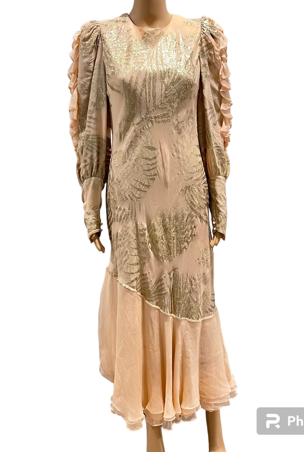 Judy Hornby Couture 1980s Ruffled 100% Silk Peach Dress Bias Cut Vintage Sz 14
