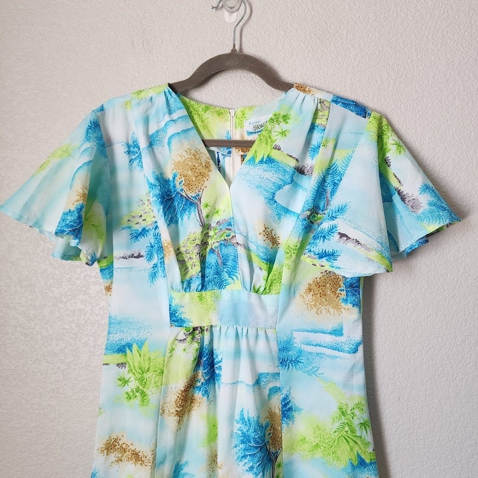 PENNEY’S HAWAII 70’s Maxi Dress Tropical Flutter Sleeve Blue Green Bright