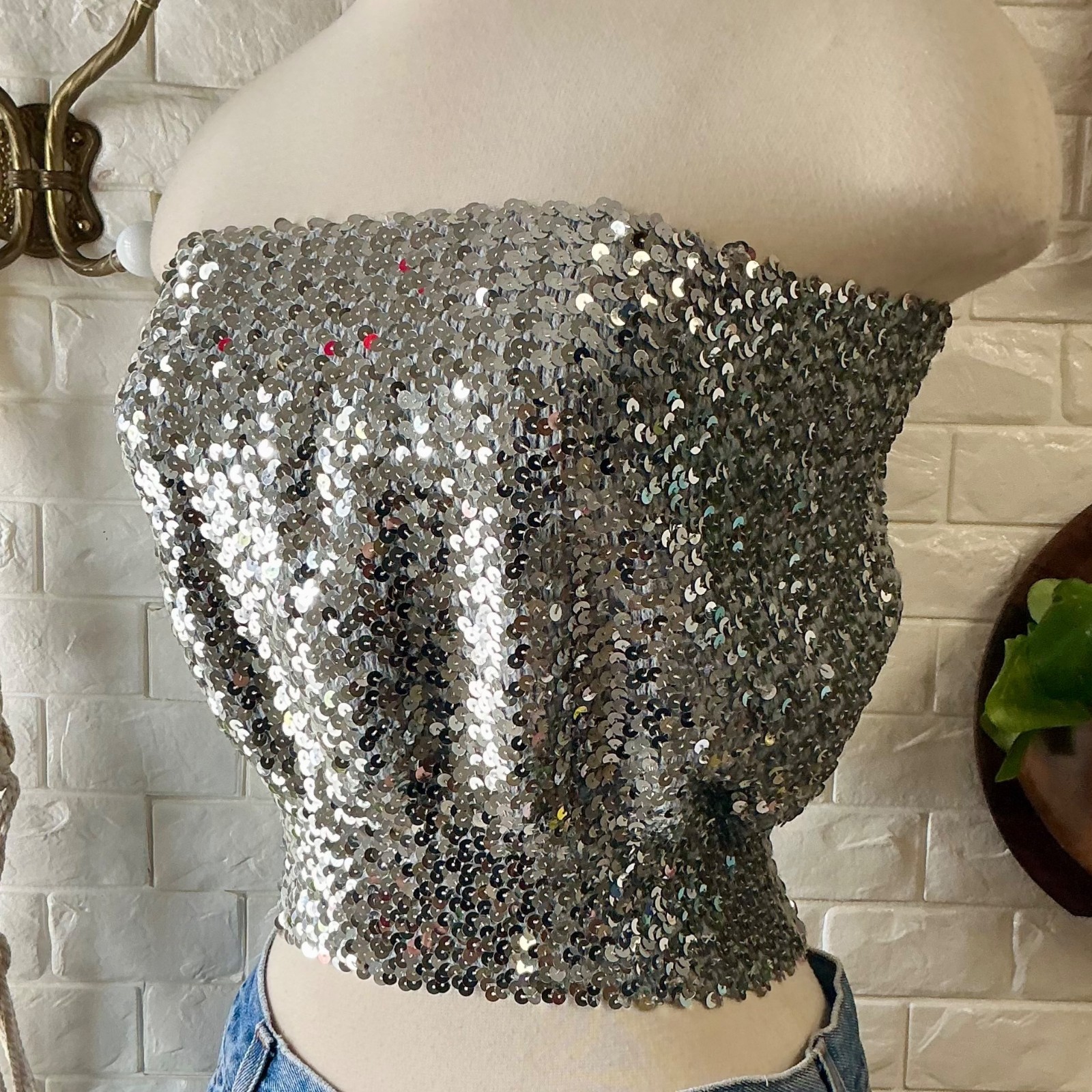 Vintage 1970s Disco Metallic Silver Sequin Tube Top