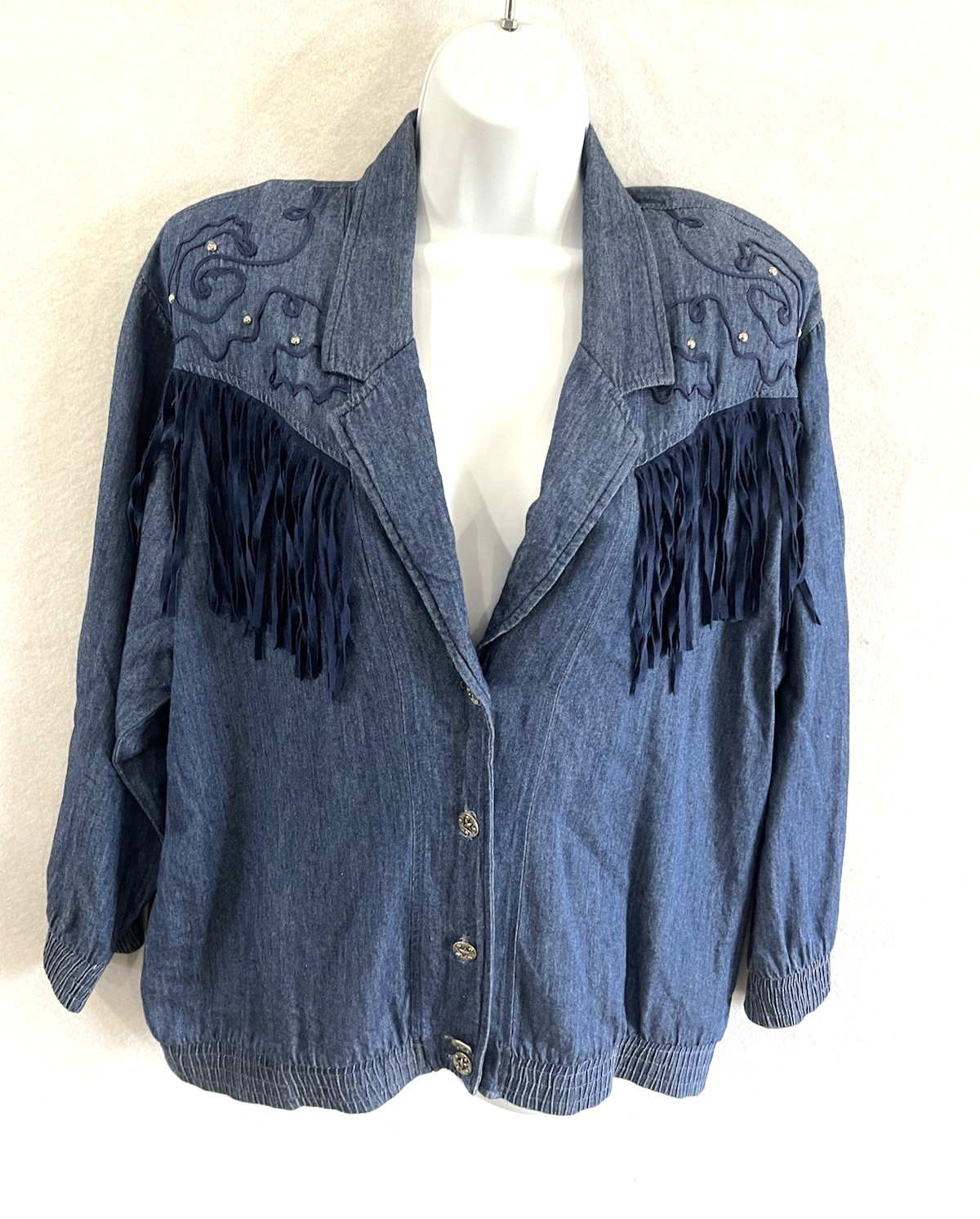 Rare Vintage Denim Fringe shirt-Jacket L 80’s Western Cowgirl Rodeo Festival