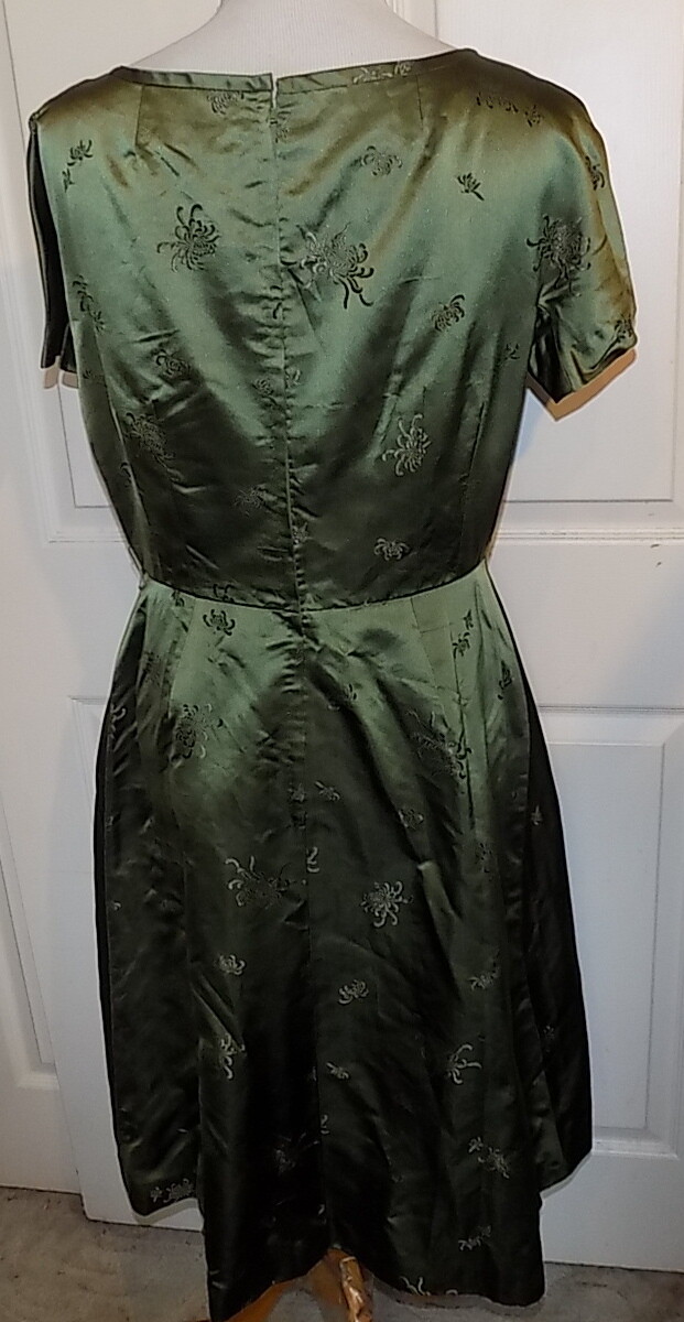 Vintage 60s Olive Green Satin Brocade Dress Jacket Set Hong Kong B40 ***
