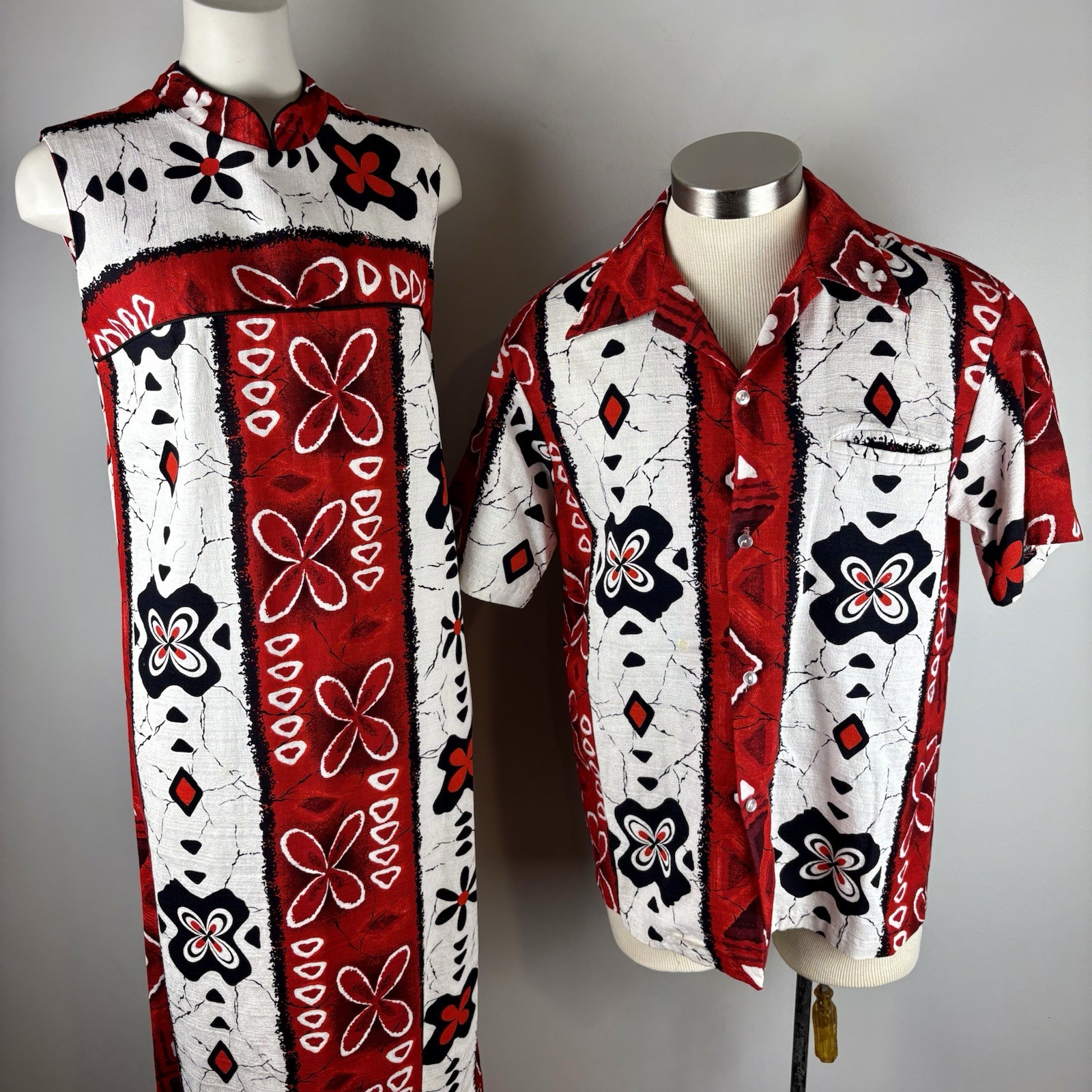 VTG Waltah Clarke Hawaiian Barkcloth Shirt / Dress Honeymoon Wedding set MCM