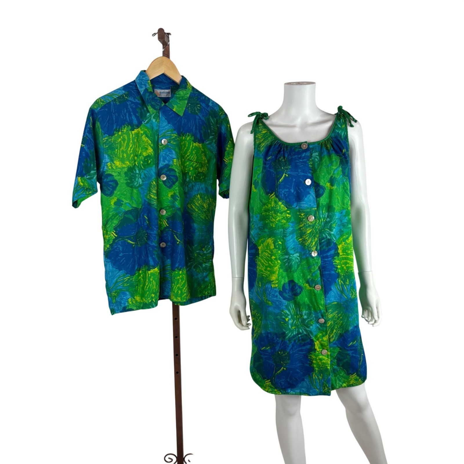 Vintage 50s Hawaiian Honeymoon Set Blue Green His & Hers Matching Dress Shirt