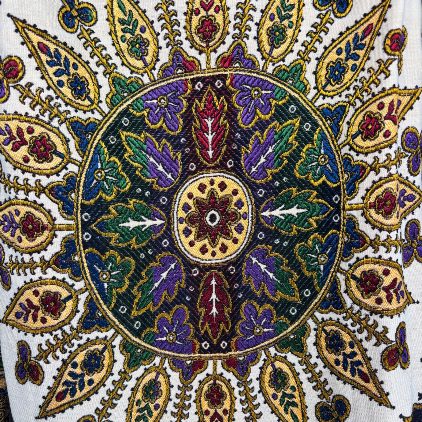 Vintage Tapestry Mandala Jacket Burgundy Boho Woven Frog Button Cardigan Size 46