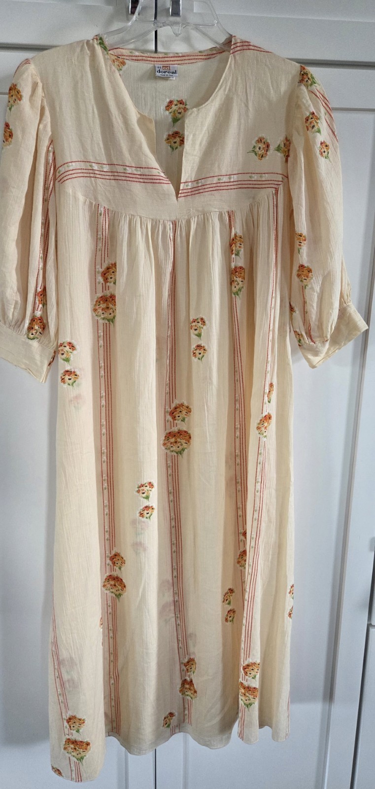 Vintage Doreal Italy 100% Cotton Floral Print Dress Soft Yellow Plunge V Neck 44