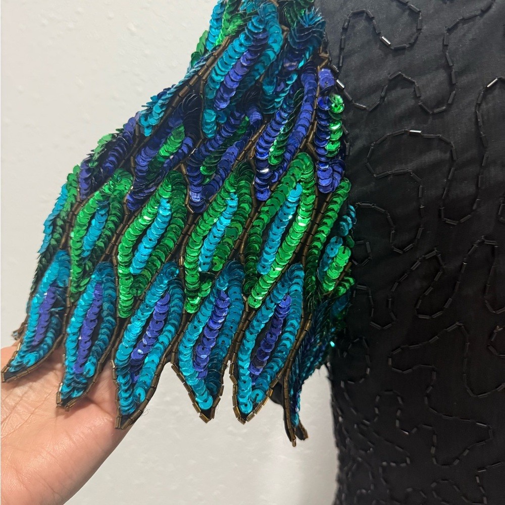 Vintage Stunning Black 100% silk Dress with Green and Blue Sequins 6