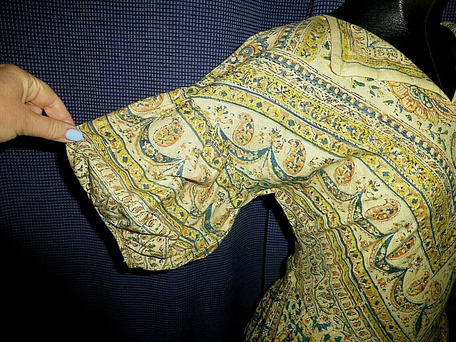 Vtg 50s INDIA Block Print Cotton Ethnic Hippie Boho Gypsy Full Skirt maxi Dress