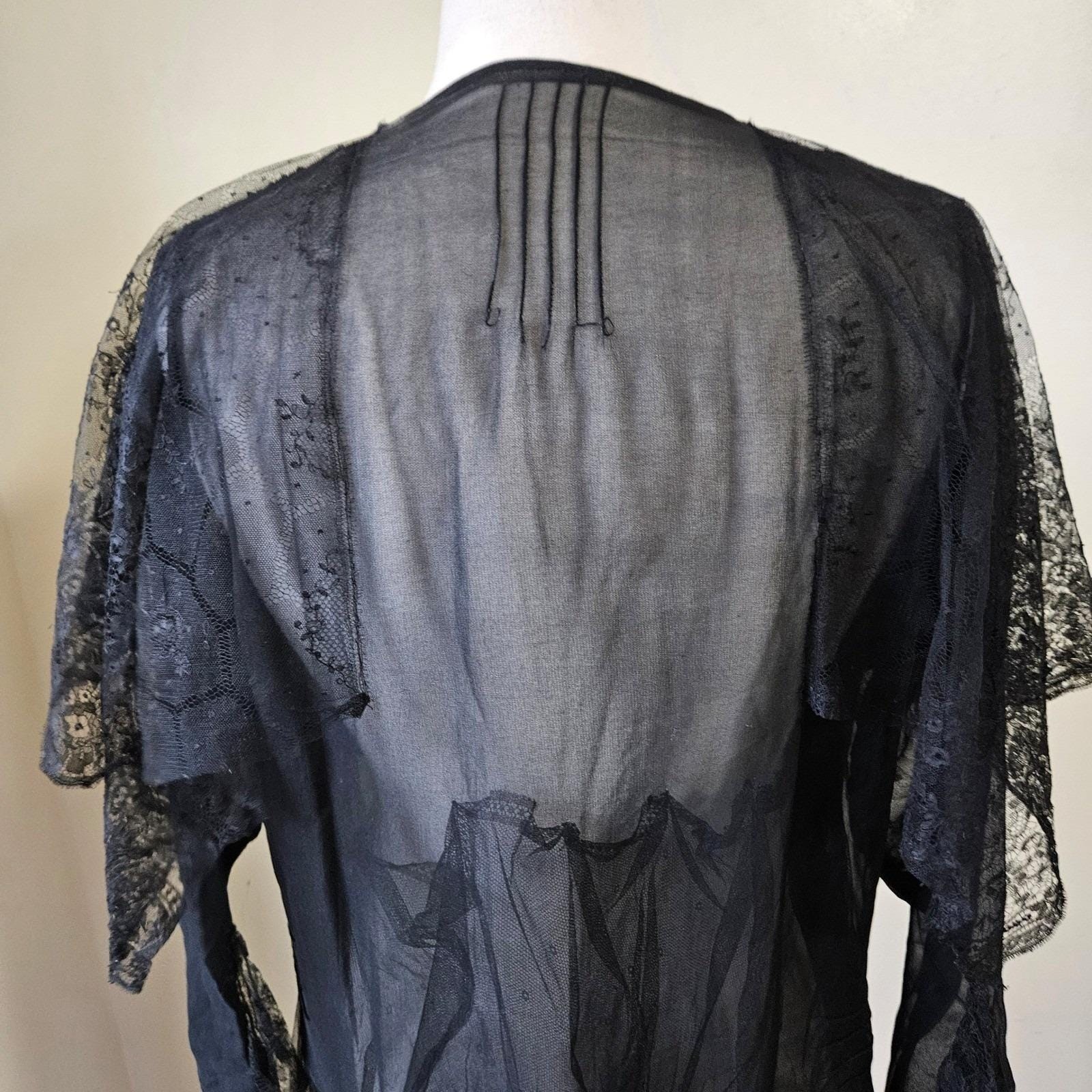 Vtg/Antique 1920s Black Mourning Silk Chiffon Lace Sheer Dress Capelet Medium