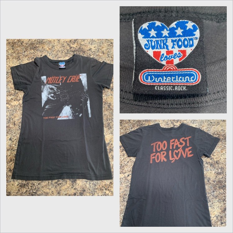 Vintage 90’s Junk Food Motley Crue T-Shirt Size XS Made In USA Too Fast For Love