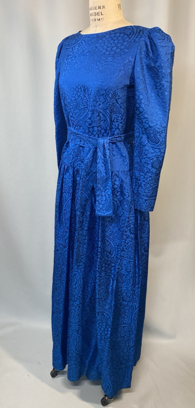 Vintage Dress SIZE LARGE blue Thai silk jacquard long sleeve 80s 90s handmade