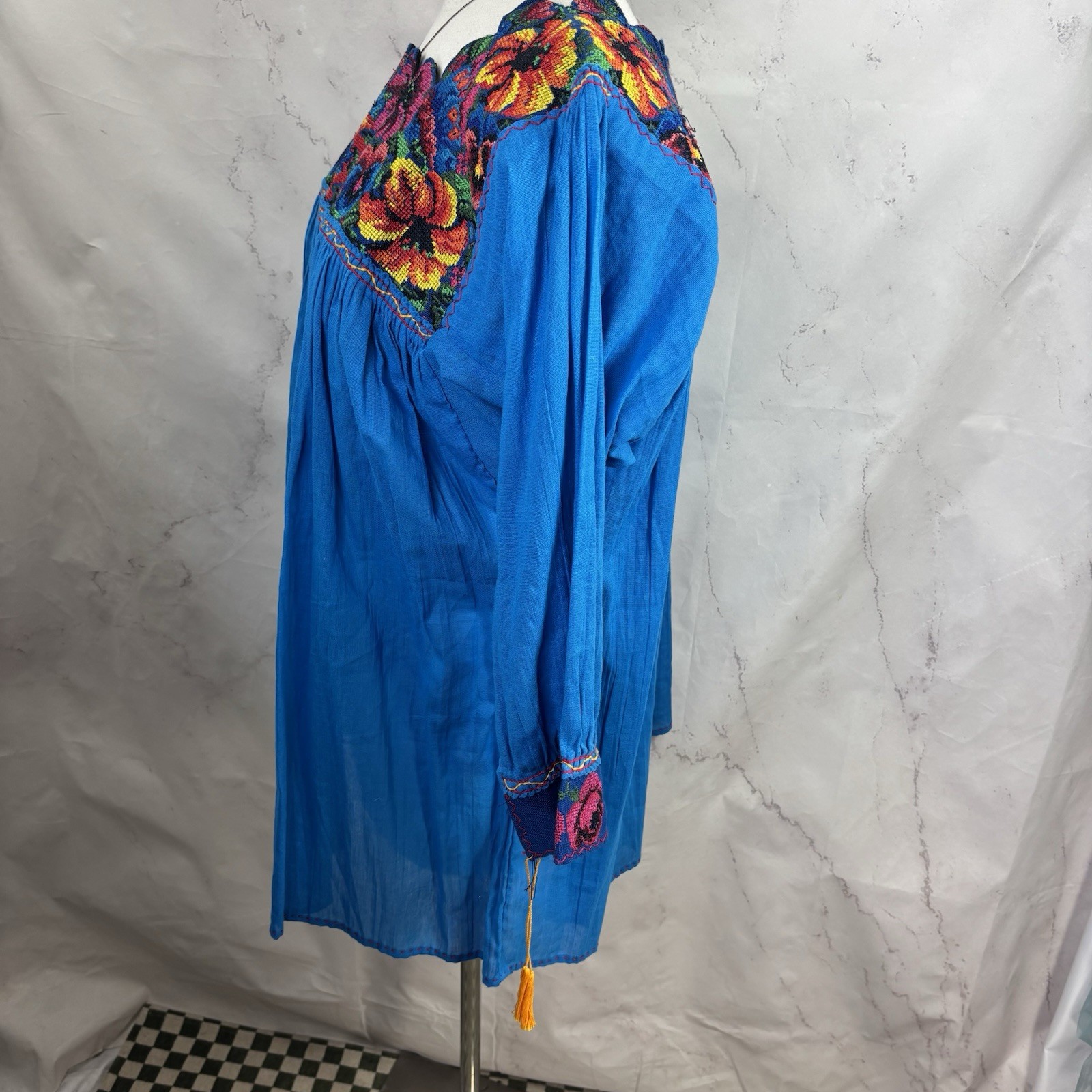 Vtg 70s Mexican Embroidered Cotton Tunic Blouse Boho Peasant Green Huipil M