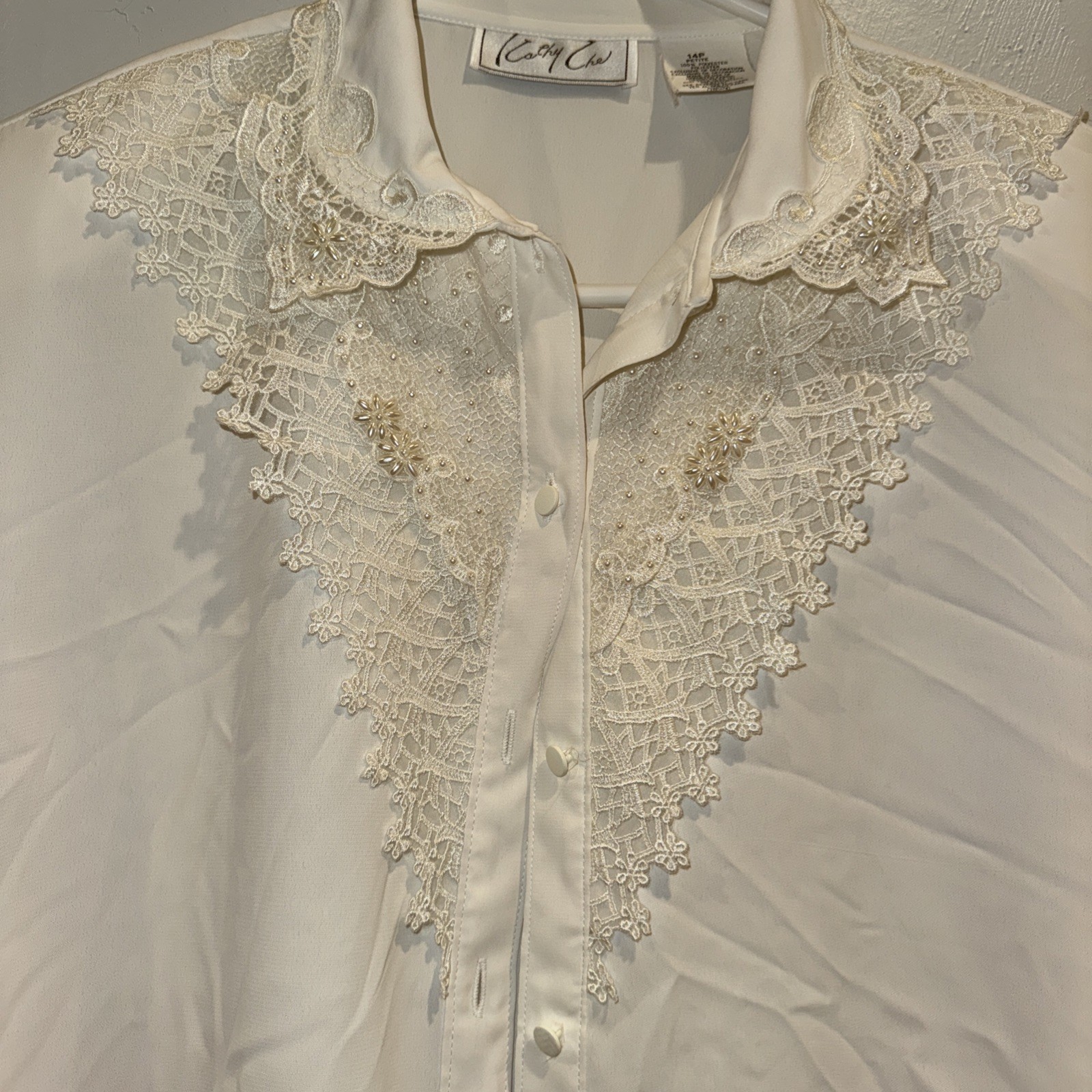 Kathy Che~ NWT Vintage Ivory Long Sleeve Dressy Blouse~ Lace Pearls Sequins~ 14P