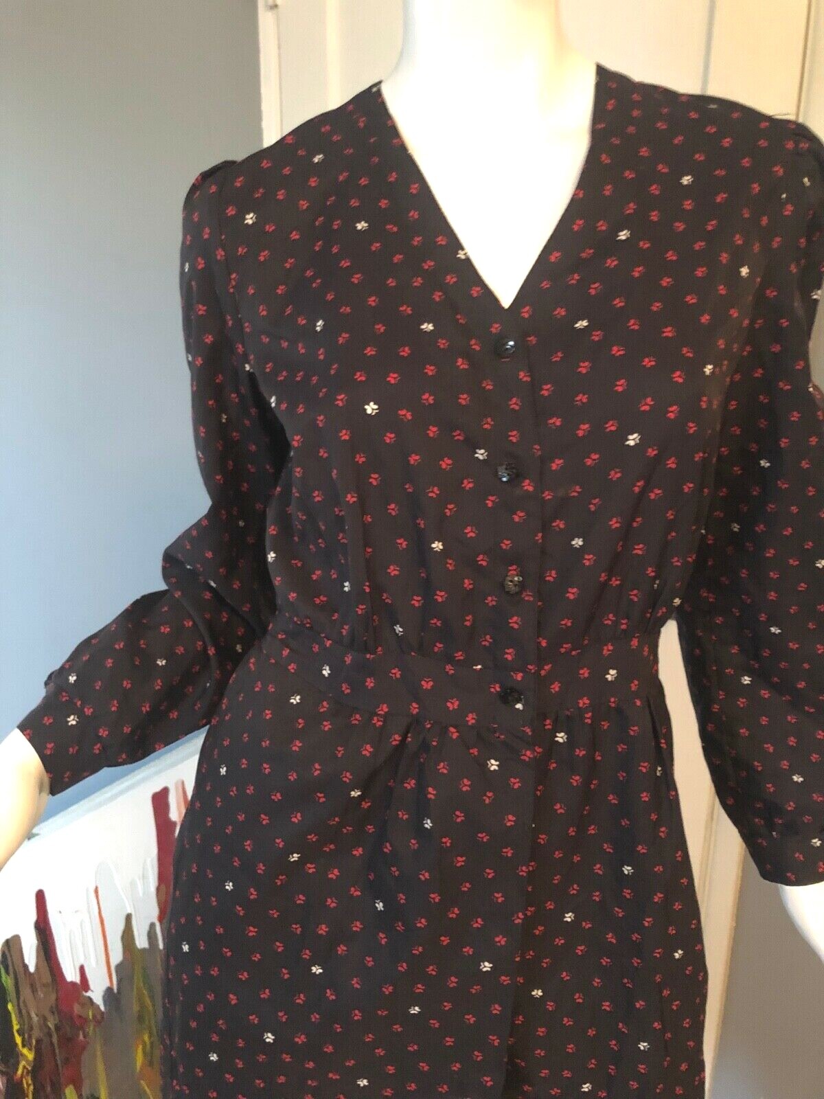 Dress 7 Vtg 70s 80s Poly WHIMSY BUTTERFLY Print PUFF SLEEVE Secretary DISCO S M