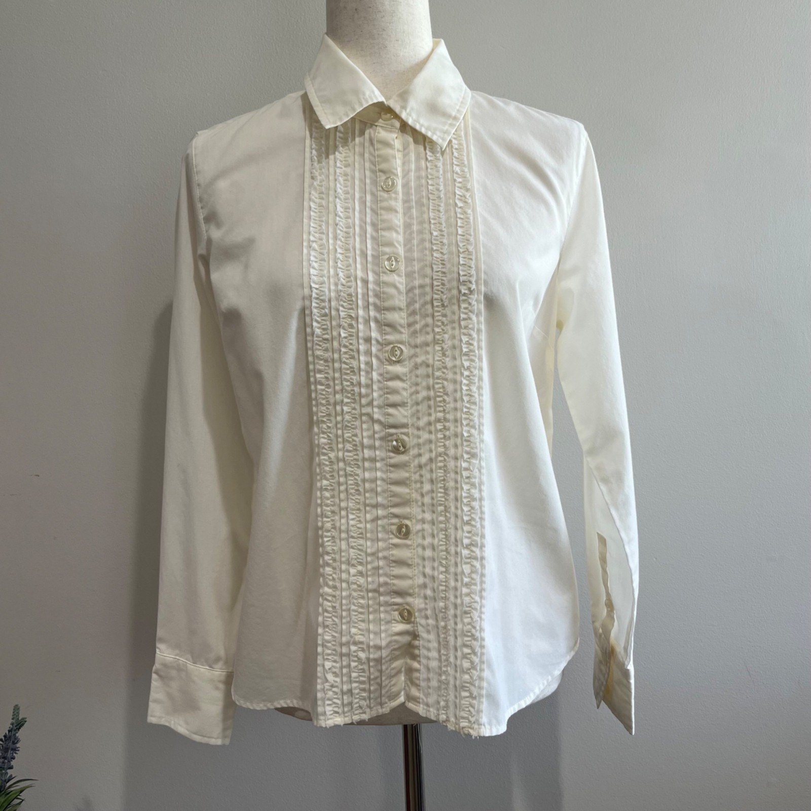 Button Up Vintage 80s Cream Blouse Womens M Tuxedo Front