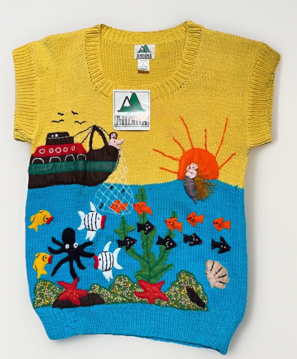 Vintage Andina Handmade Peru Cotton Sweater NWT Mermaid Ocean Art Knit 80s 90s