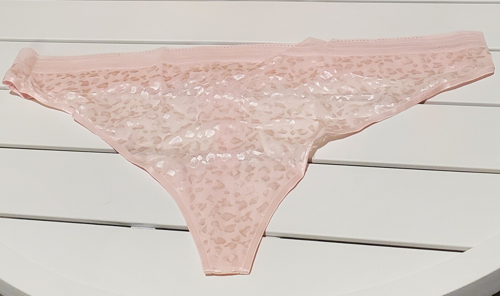 Satin Stretch Thong Panty Shiny Leopard Print Lace Waist 3XL/10 Powder Pink