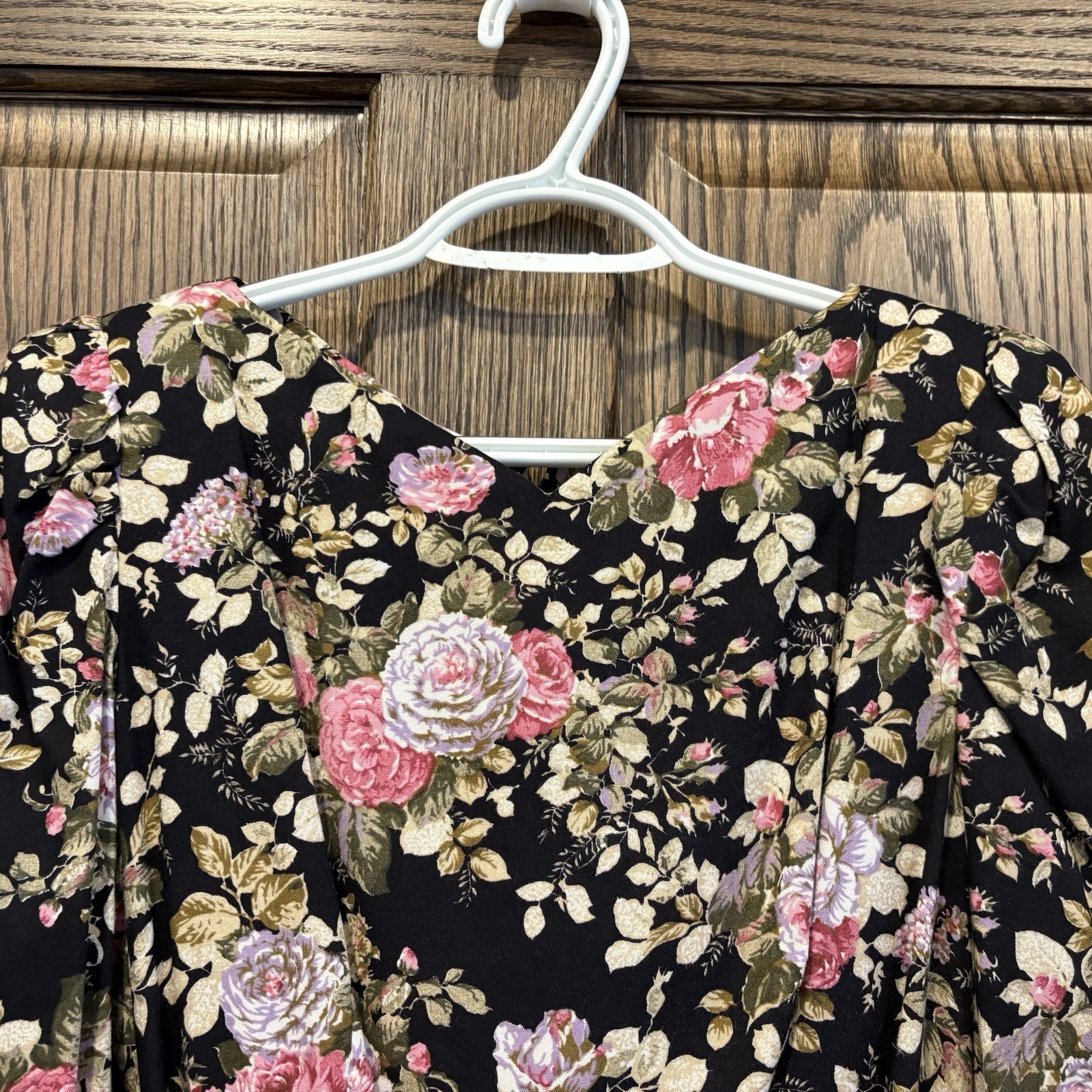 VTG Lanz 6 Petite Pink/Olive Floral On Black Midi Tea Dress W/Belt Full Puffy