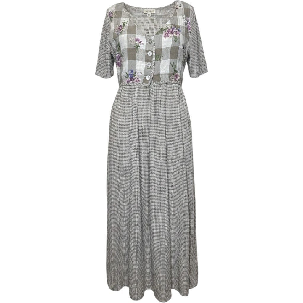 Vintage Grunge 90s Gingham Floral Faux Vest Maxi Dress Gray Purple Size 8