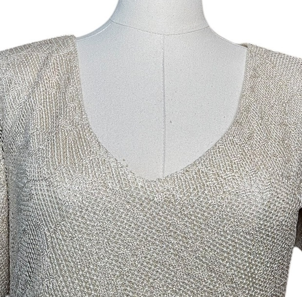 Vtg SL Fashions Cream Gold Lame Sparkly Formal Long Party Dress with Fringe 6