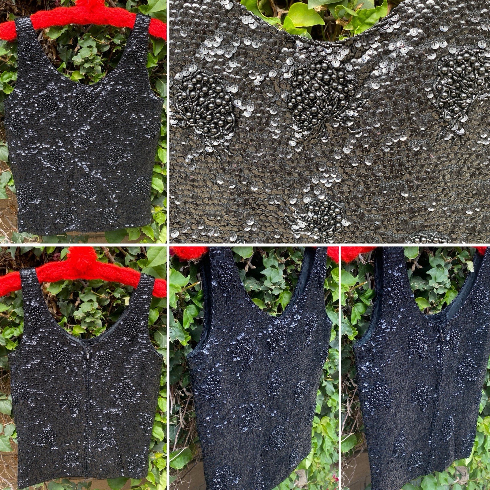 Black Sequin Beaded Wool Top Hong Kong Metal Zip Pinup Glam Tank S 50s 60s Vtg