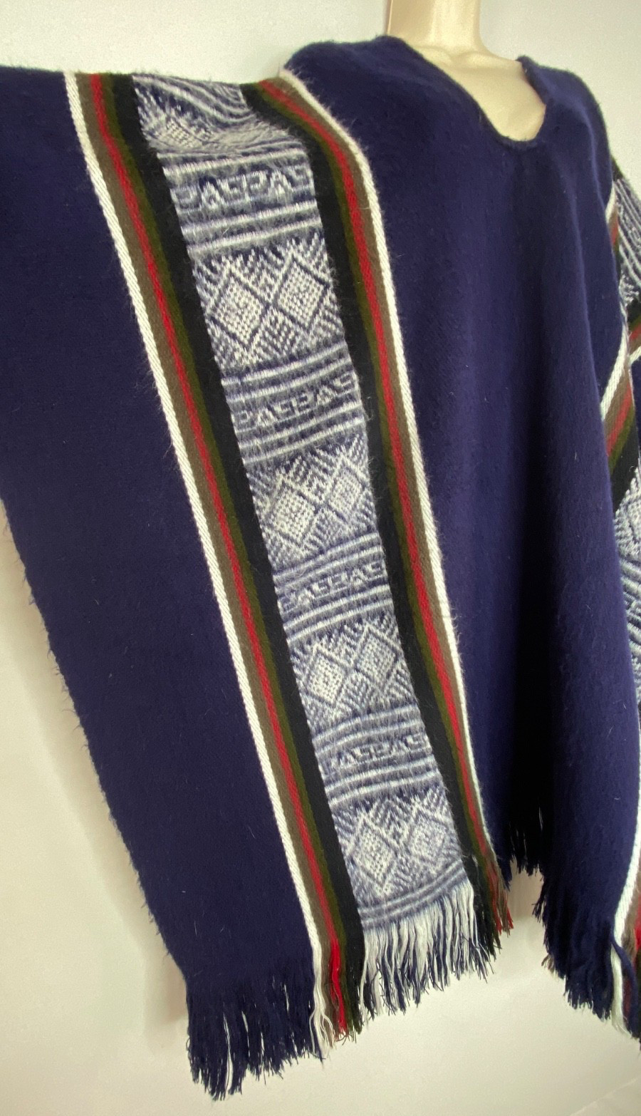 Vintage 1970s blue alpaca wool poncho long striped fringe unisex boho blanket