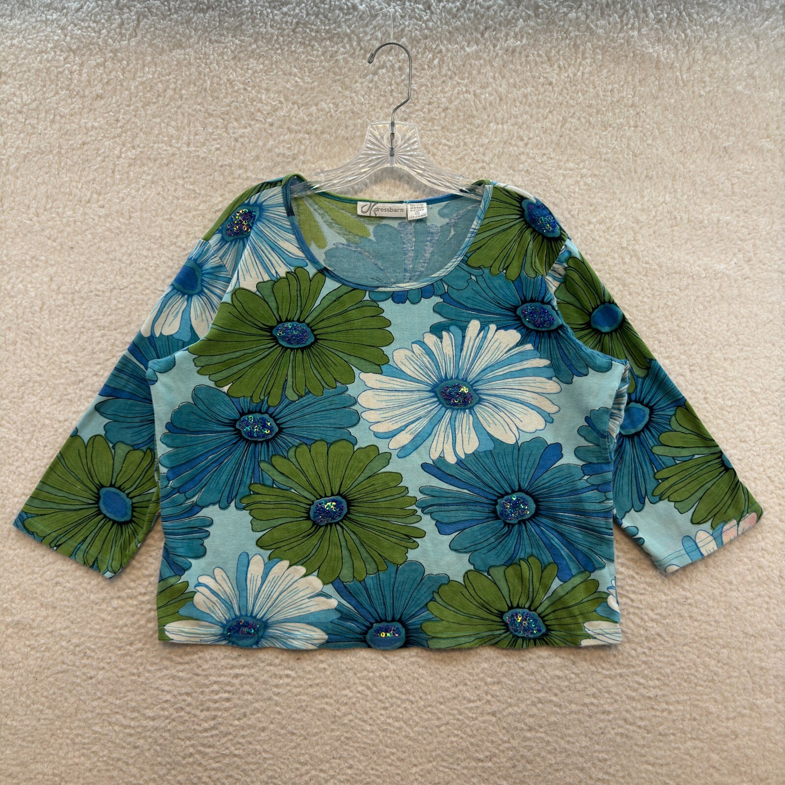 Vintage Dressbarn Shirt Top 1X Plus Size Blue Daisy Floral Sequins Pattern Print