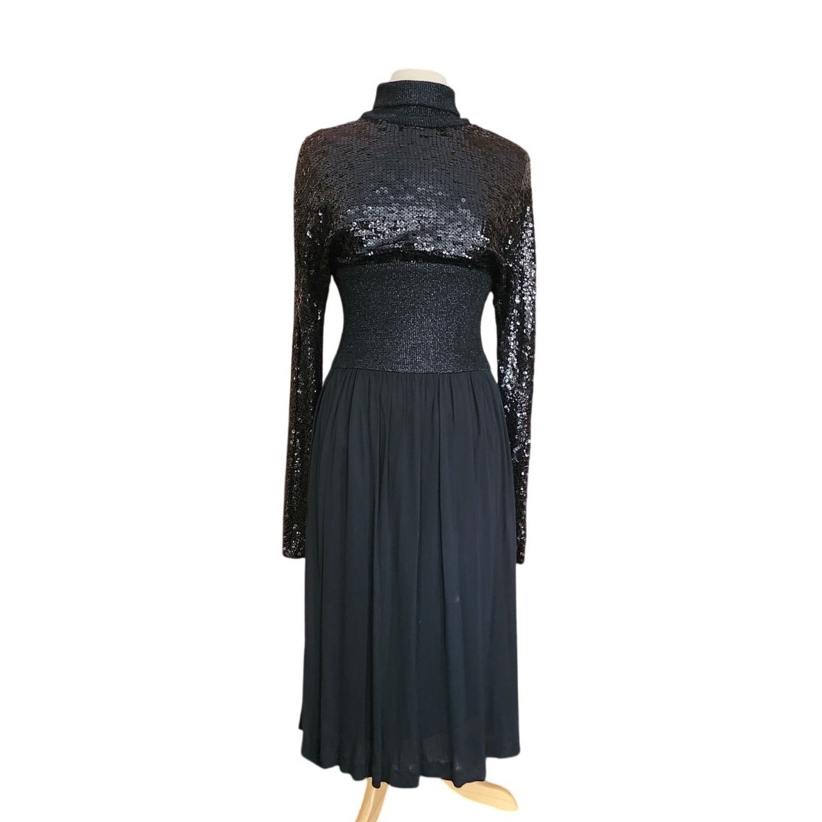 VTG 70s Pat Sandler Dress Black Sequins Lurex Silk Dressy Evening Long Sleeved