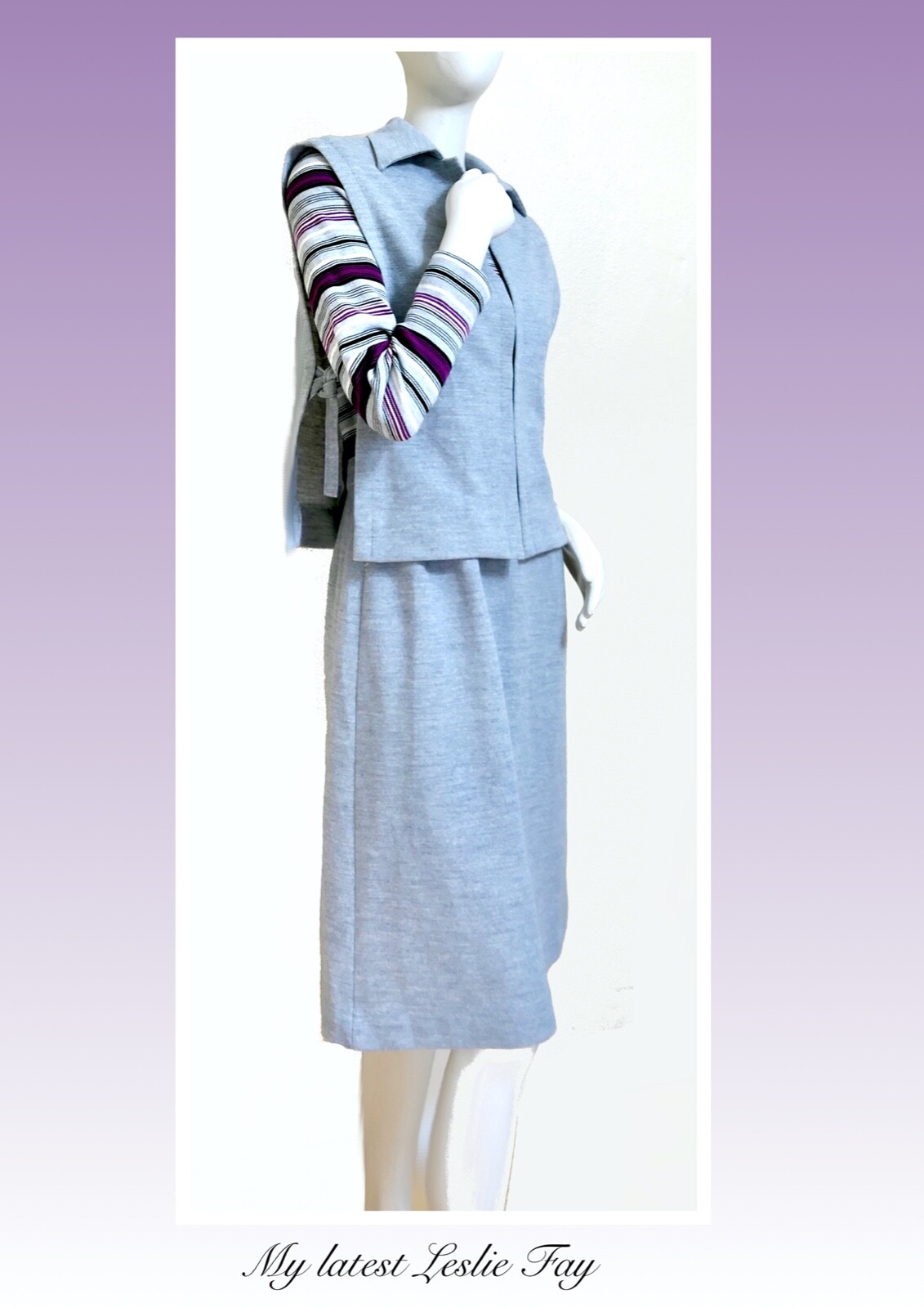 Vintage 70s Retro Mod Modern Purple Gray Soft Knit Day Knee Dress Set S M