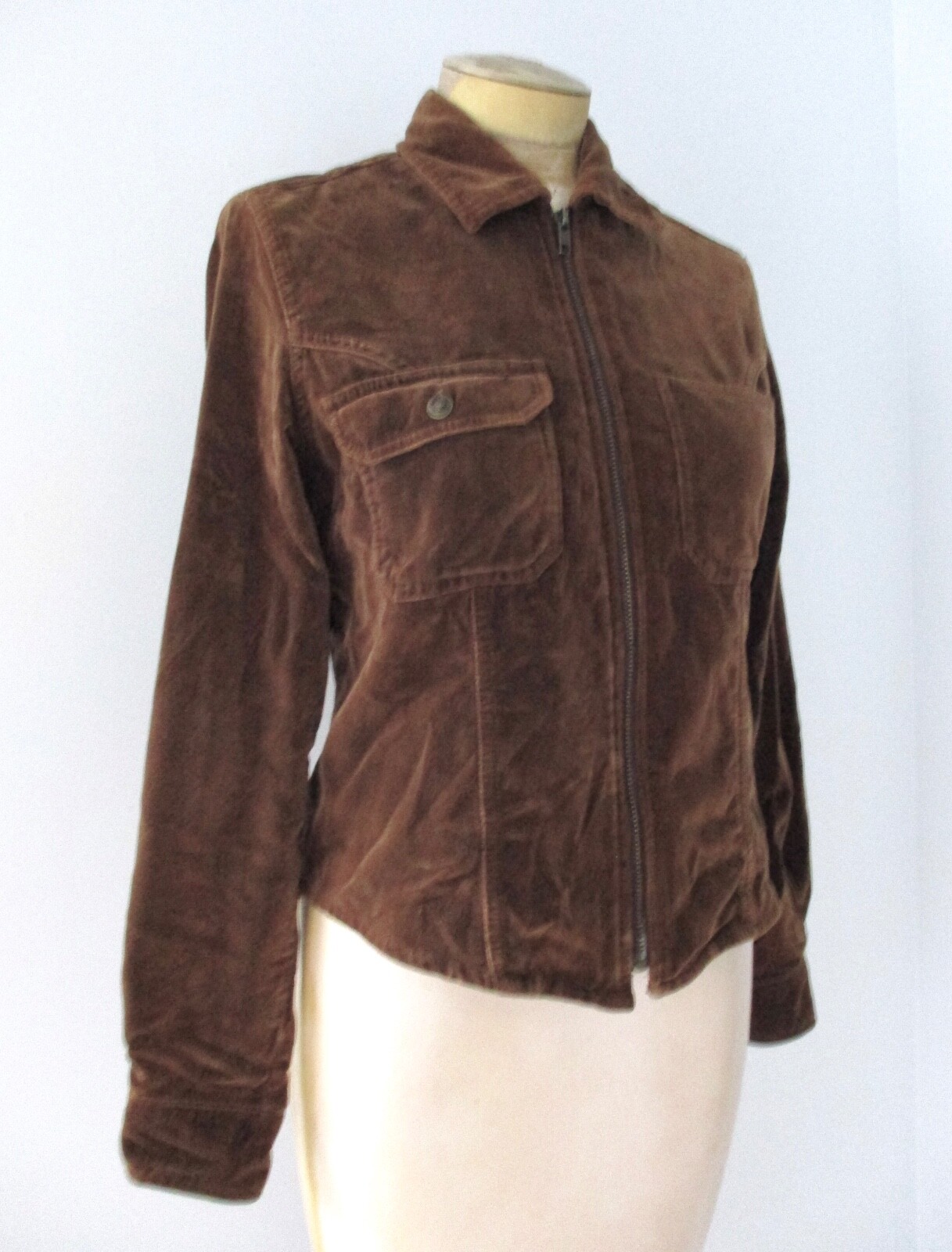 Vtg 90s Y2K brown cotton velvet collared zip front jacket chest pockets QUIZZ S