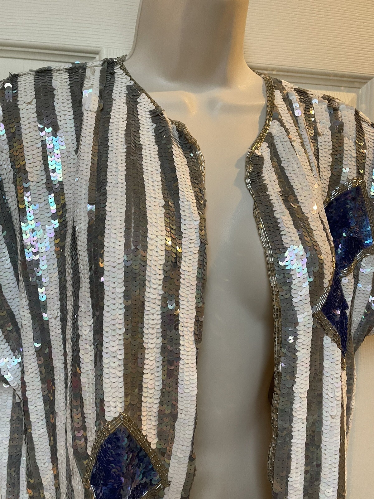Vintage Sequin Jacket Shrug Silver White Blue Striped And Diamonds Deco Style