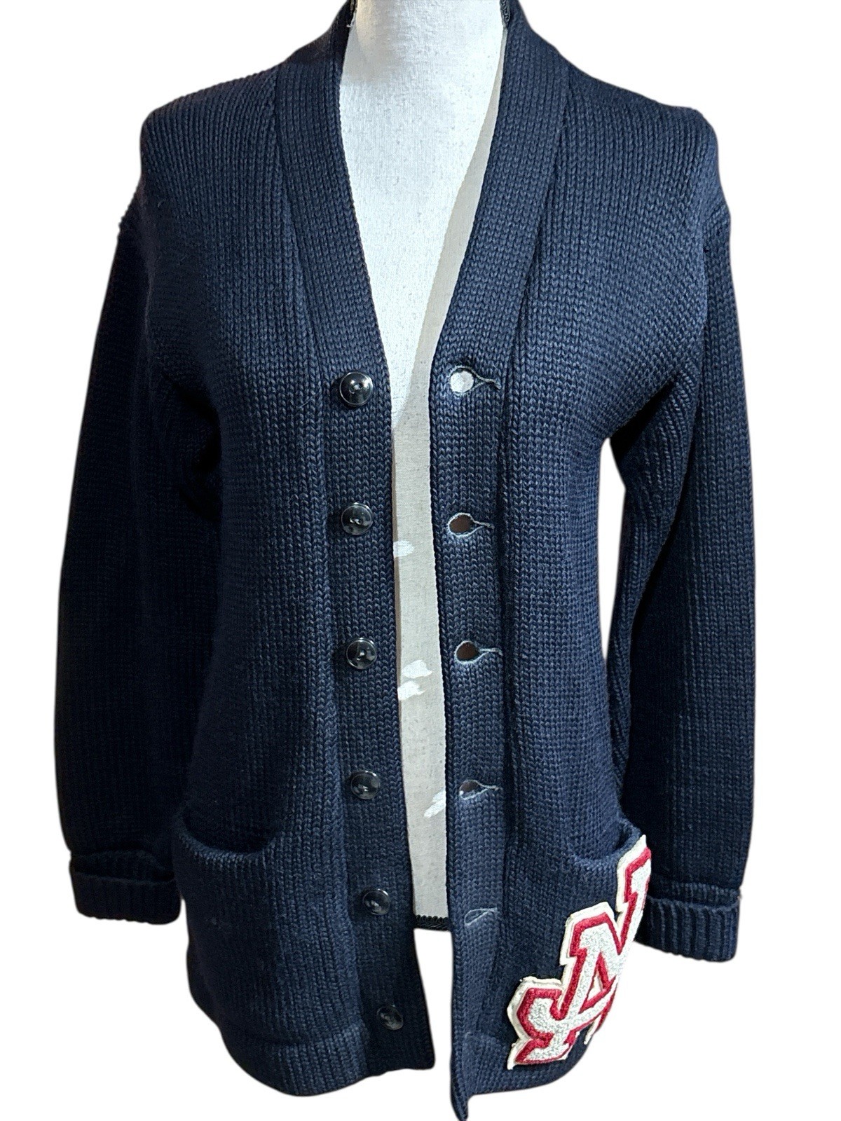 Vintage Women’s Heavyweight Mt. Joy High School Letterman Sweater Cardigan Blue
