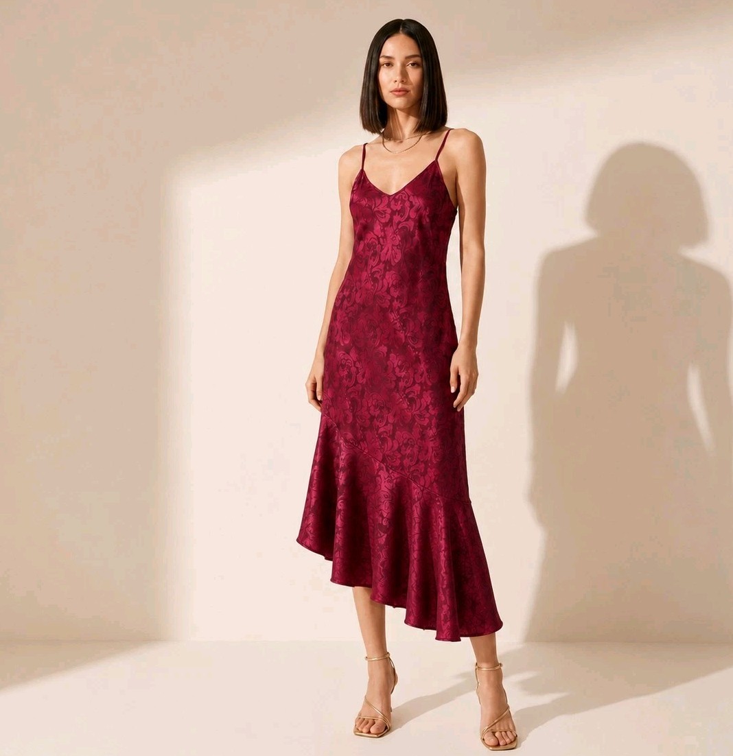 Vintage 80s Red Jacquard Ruffle Slip Dress Size Large Maxi Asymmetric Ruffle