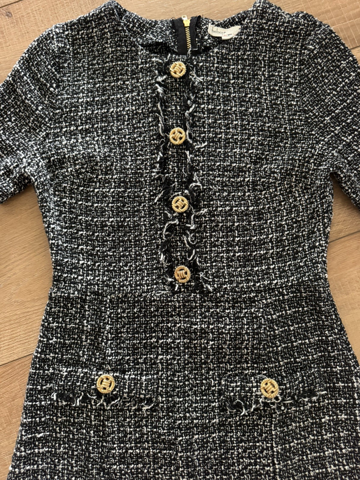 BeBop Black and White Tweed Short Sleeve Dress with Gold Buttons, Sz Small