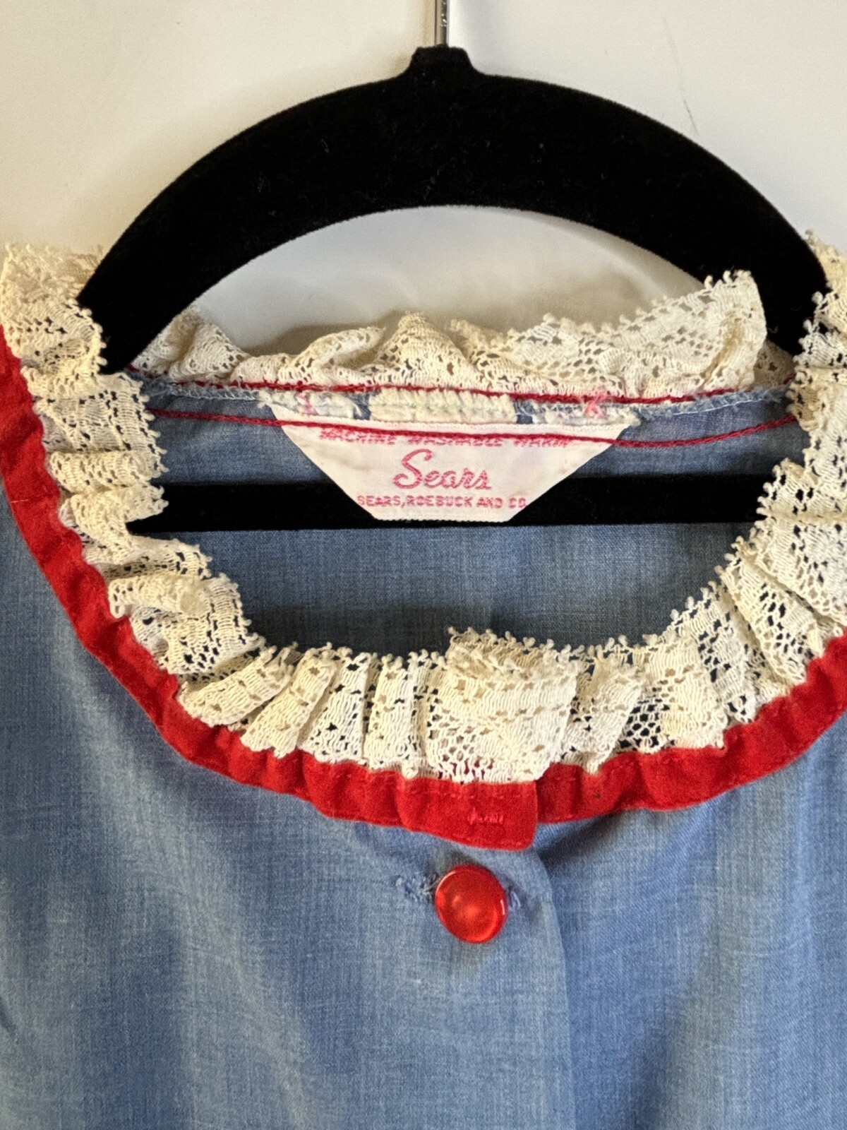VTG 60’S SEARS HIPPY BOHO RUFFLED LACE PRAIRIE DRESS BLUE COTTON CHAMBRAY*S/M