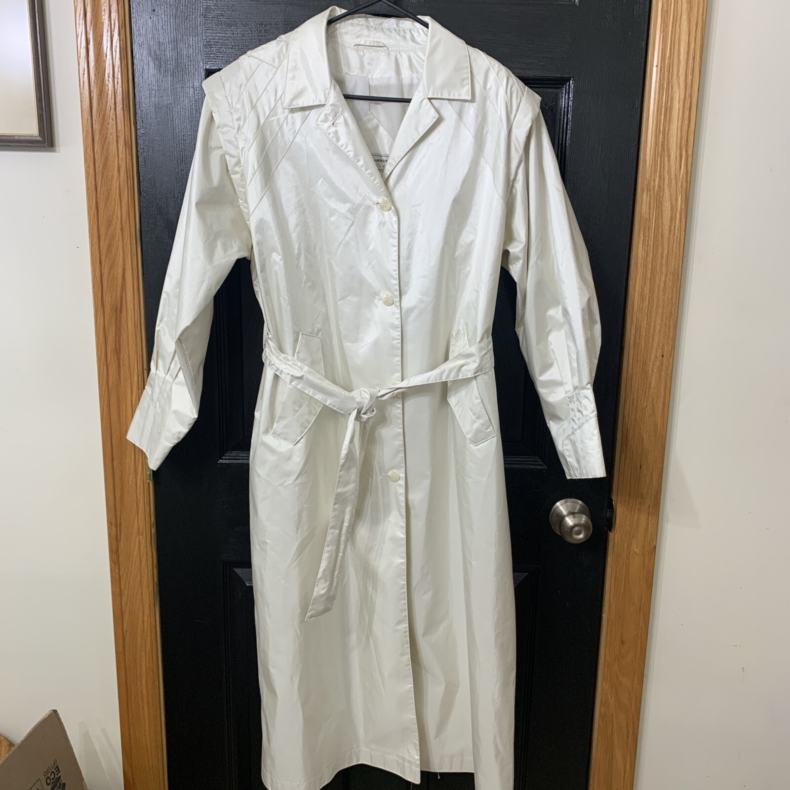 80s 90s Vintage Womens Sz M Belted Trench Rain Coat Shiny Pearl White Unique