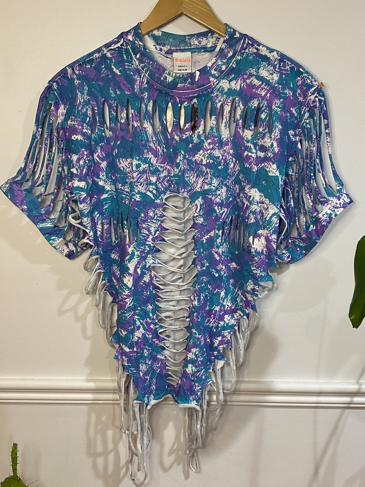 Vintage 80s Tear Wear Tie Dye Shredded T-Shirt Womens L Blue New Wave Punk Top
