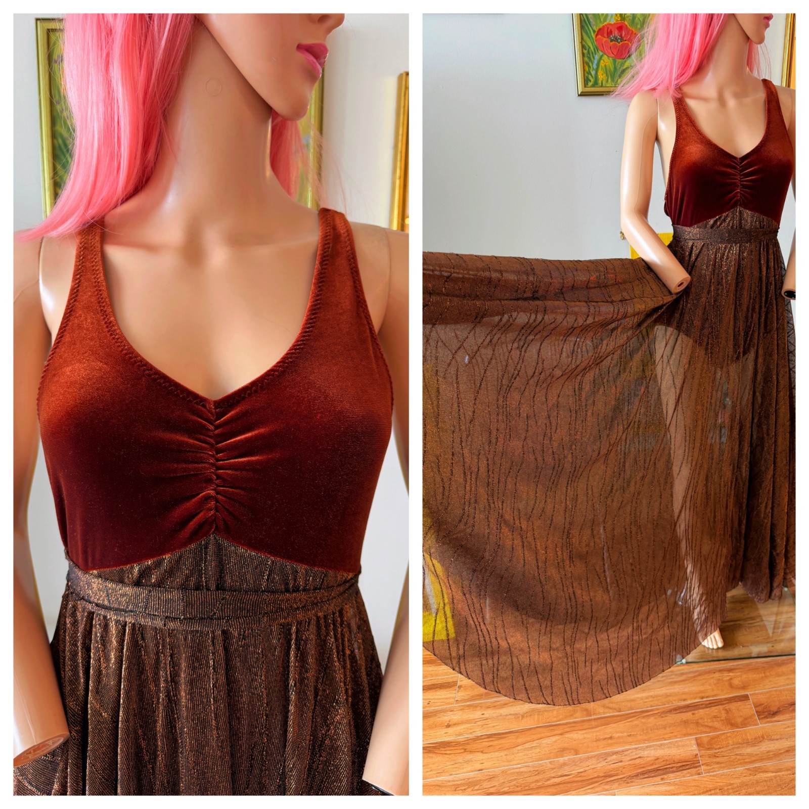 🤎 Vtg 70s Leotard Ballerina Velvet Copper Metallic Skirt Dance Party Dress M