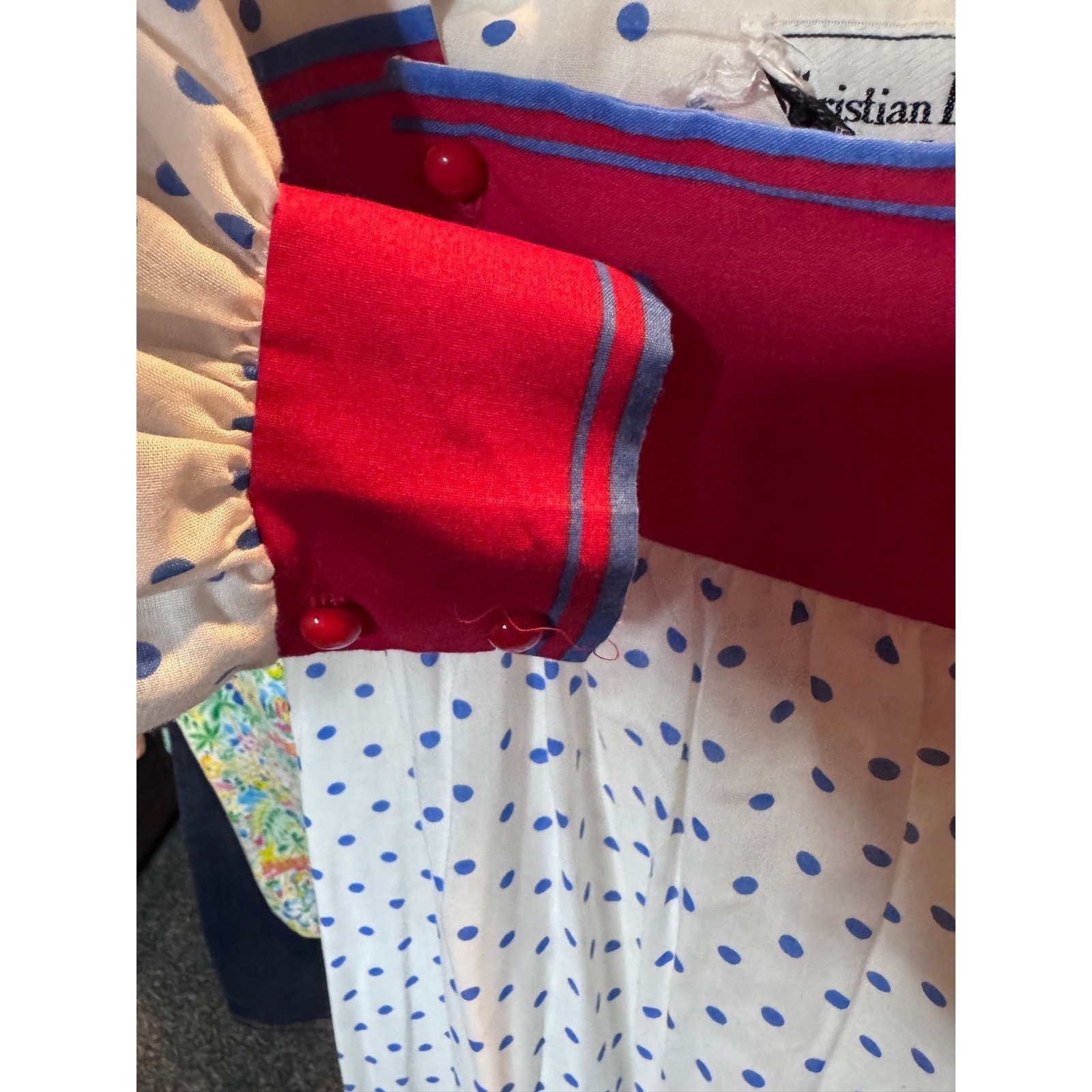 136 Christian Dior Vintage Polka Dot Maxi Nightgown Blue Pink White Pockets