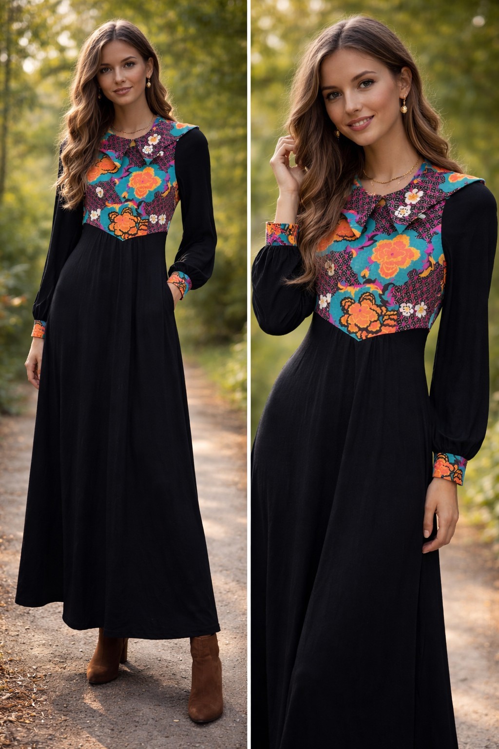 Vintage 70s Maxi Dress Bho Empire Waist Back Zipper Long Sleeve Vintage Size 7
