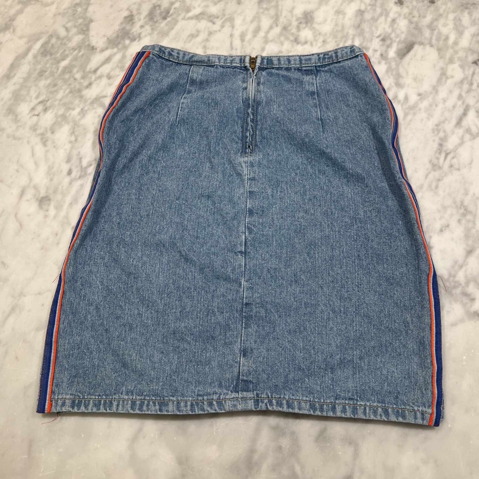 Vintage Express Bleus Denim Skirt Womens 3/4 Sporty Slit Sides Zipper Side Strip