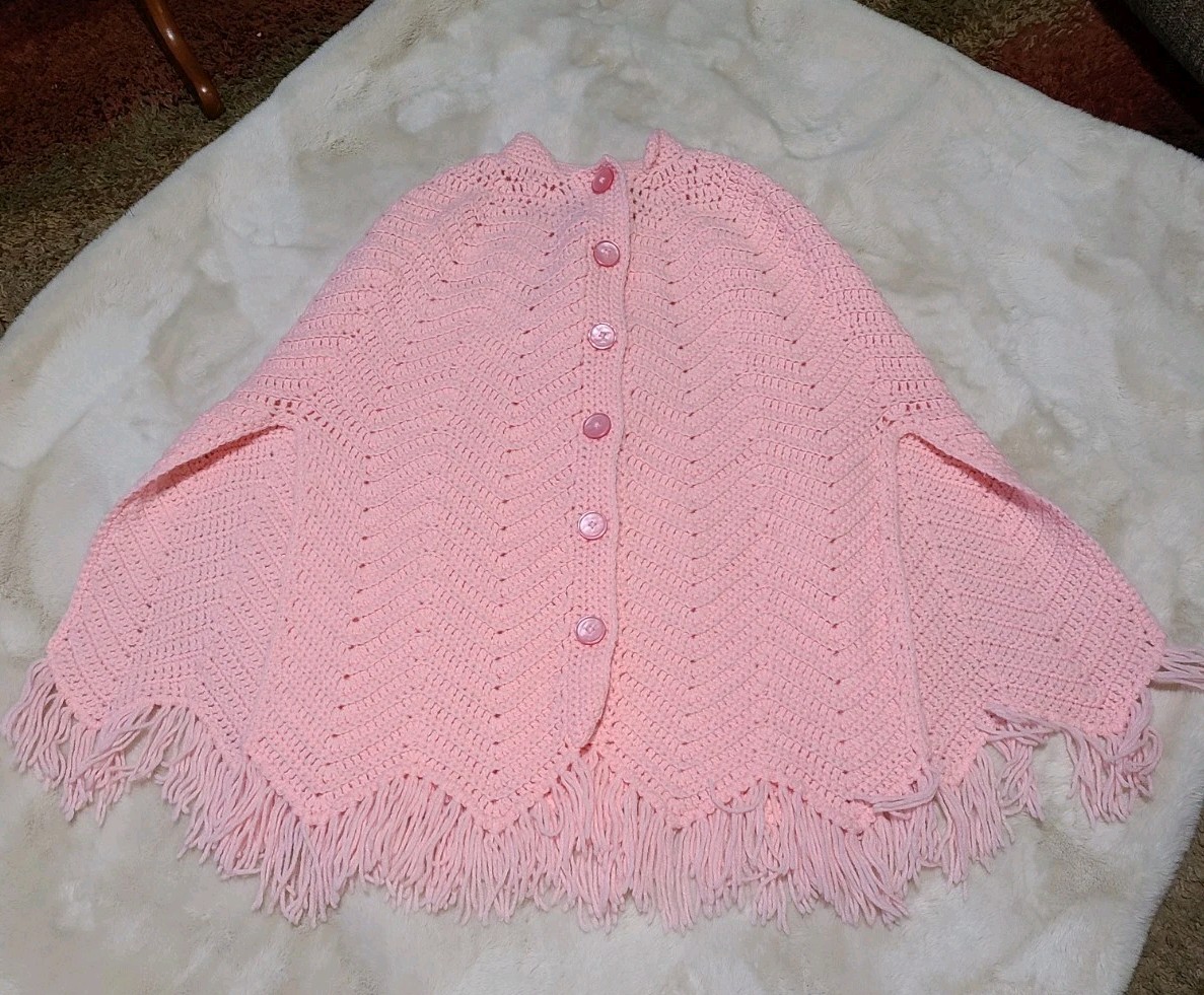 Pink Crochet Cape W/Fringe Button Front Handmade Vtg OSFM Cottage Core