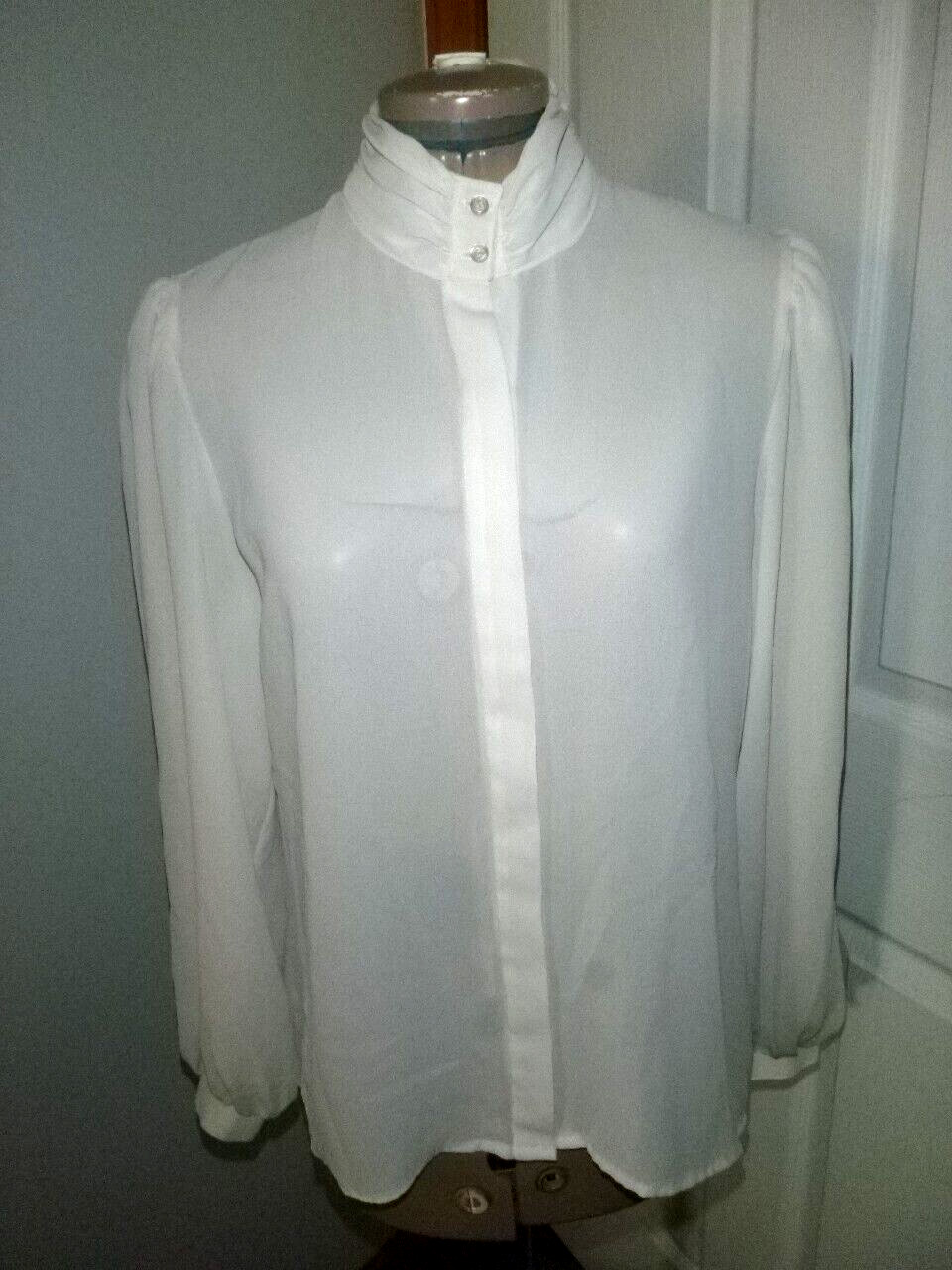 Vintage Notations Ivory High Collar Polyester Crepe Blouse Size M
