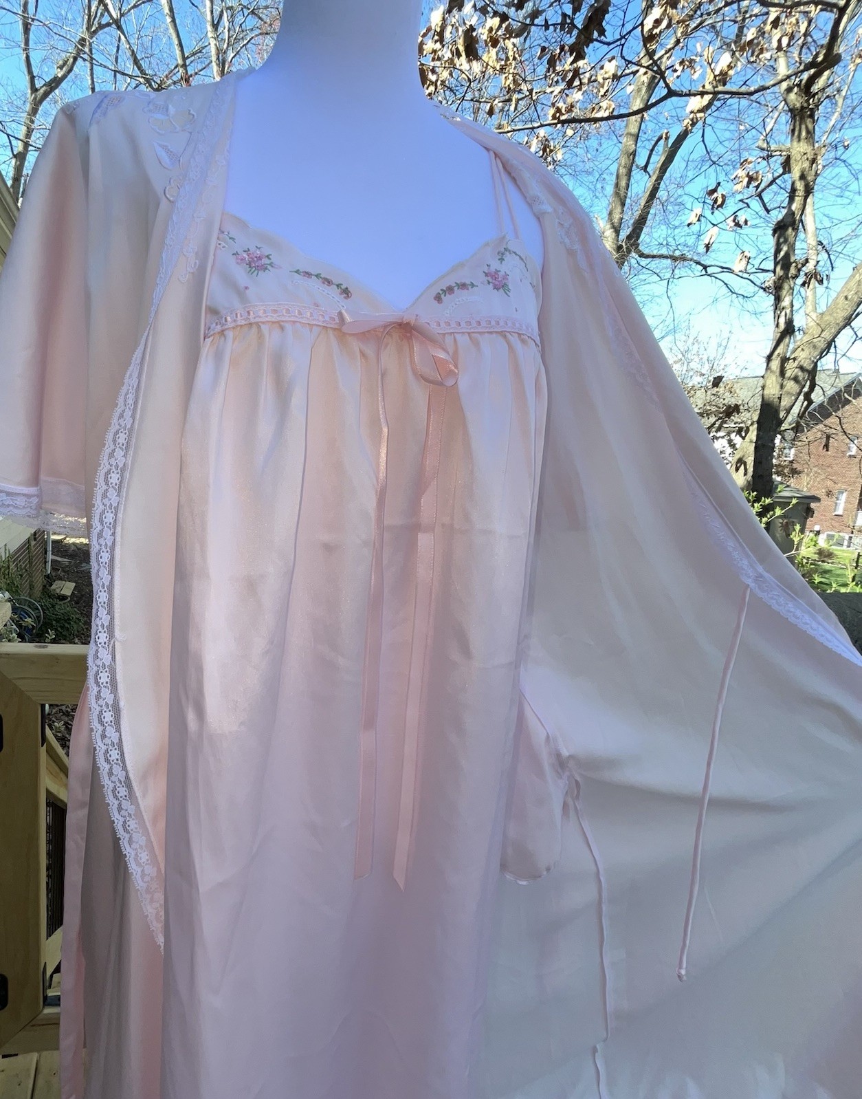 Vtg Nightgown Barbizon Boutique Sara Beth Robe Set Glossy Pink Tiny Roses M L 38