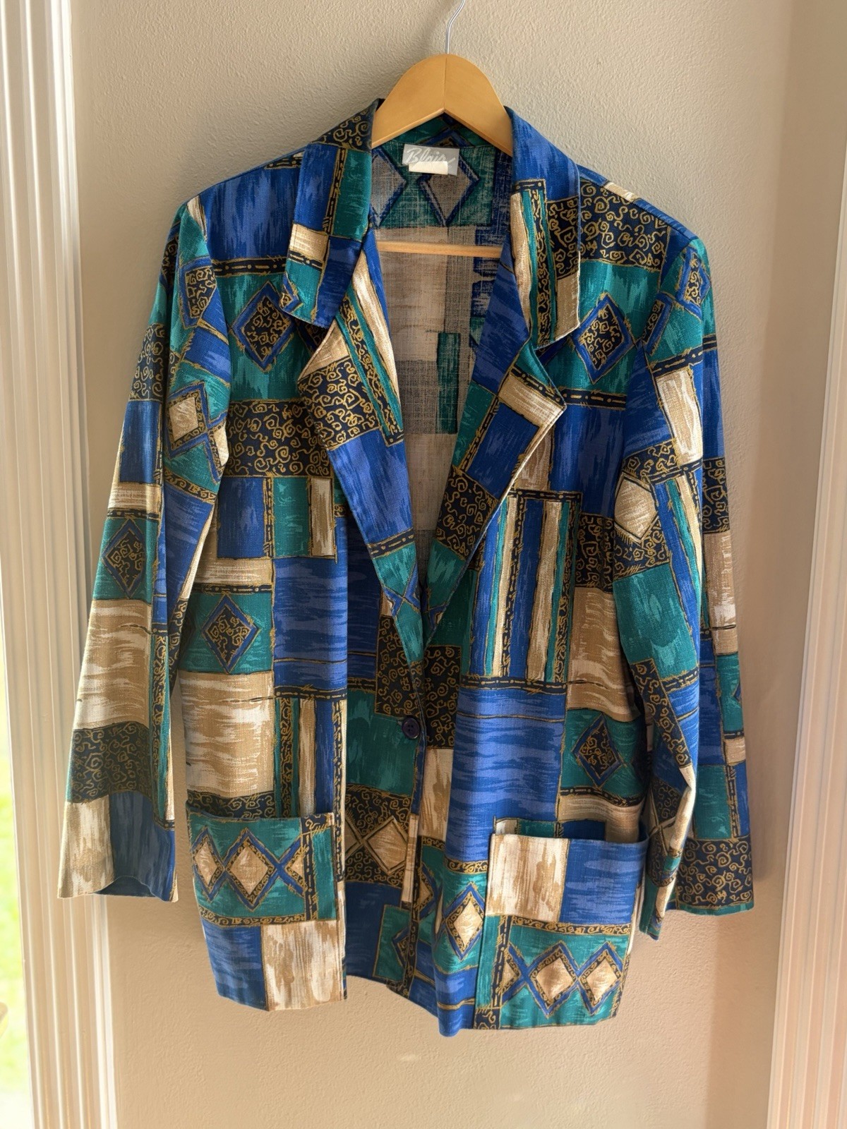Vintage 90s Blair Blazer M Abstract Patchwork Blue Teal Gold Slouch USA Jacket