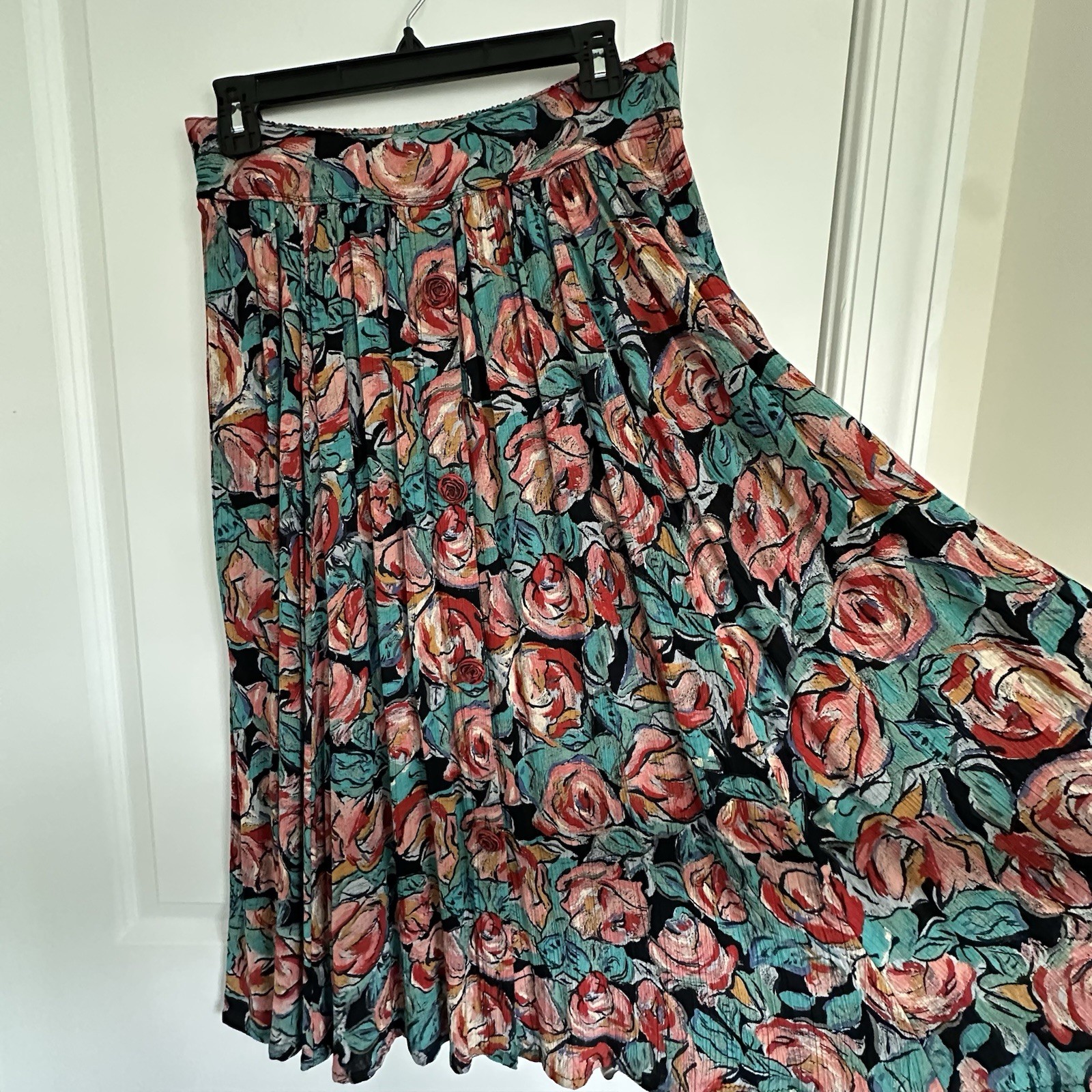 Carole Little Vintage 90s Rose Button Front Midi Skirt Abstract Rose Floral 6