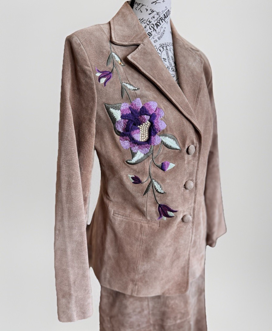 90s Brownstone Studio Leather Suede Floral Embroidered Boho Jacket & Skirt 10