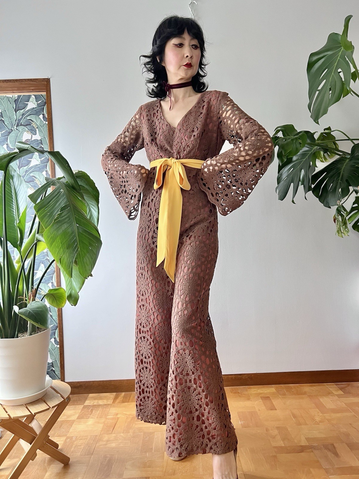 60s 70s Joy Stevens California Crochet Lace Bell Sleeve Flared Wide Leg Jumpsuit