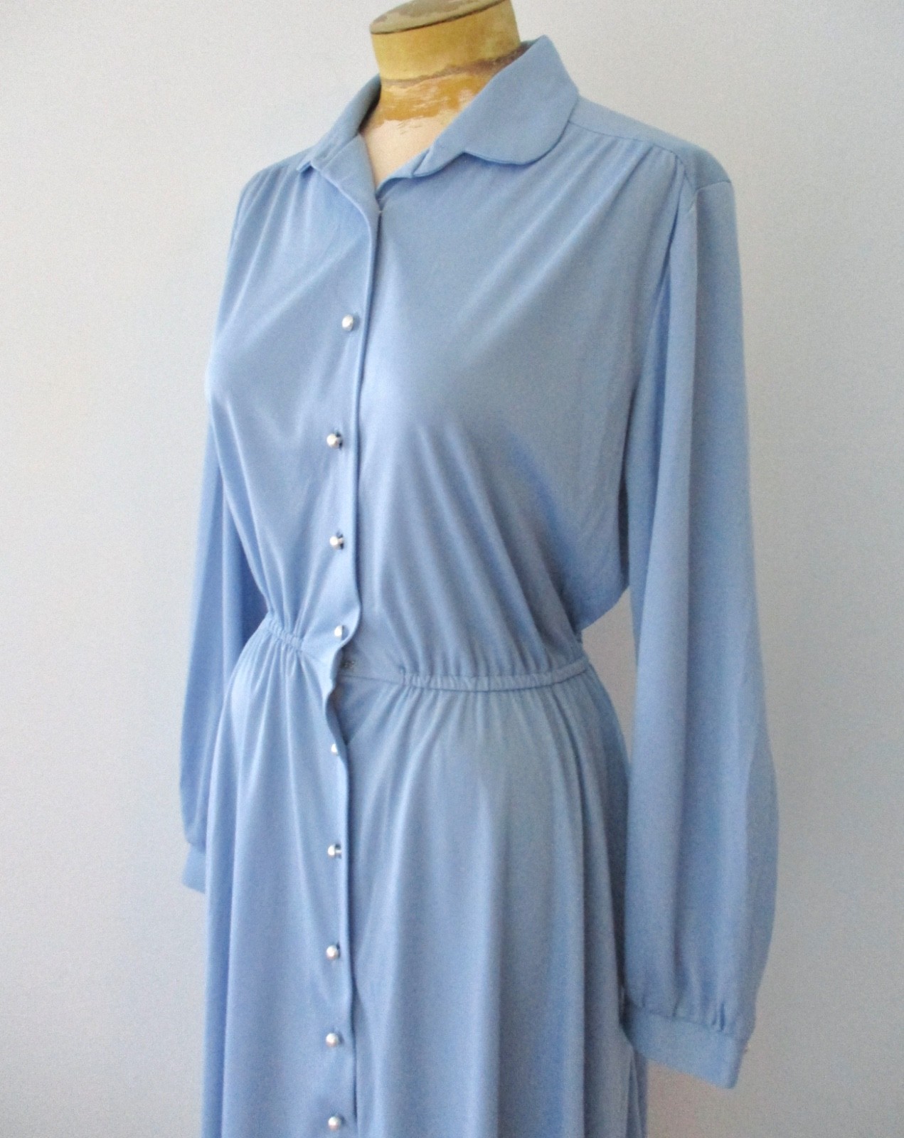 Vtg 70s Sears Cornflower Blue Poly Knit Disco Secretary Dress Hand Pockets 16
