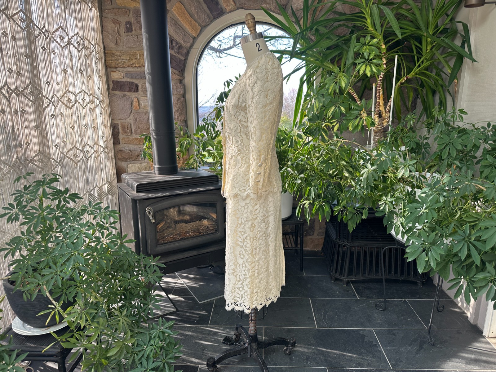 Vintage 1980s Greg Adams Formal 2 Piece Ivory Lace Bridal Wedding Suit