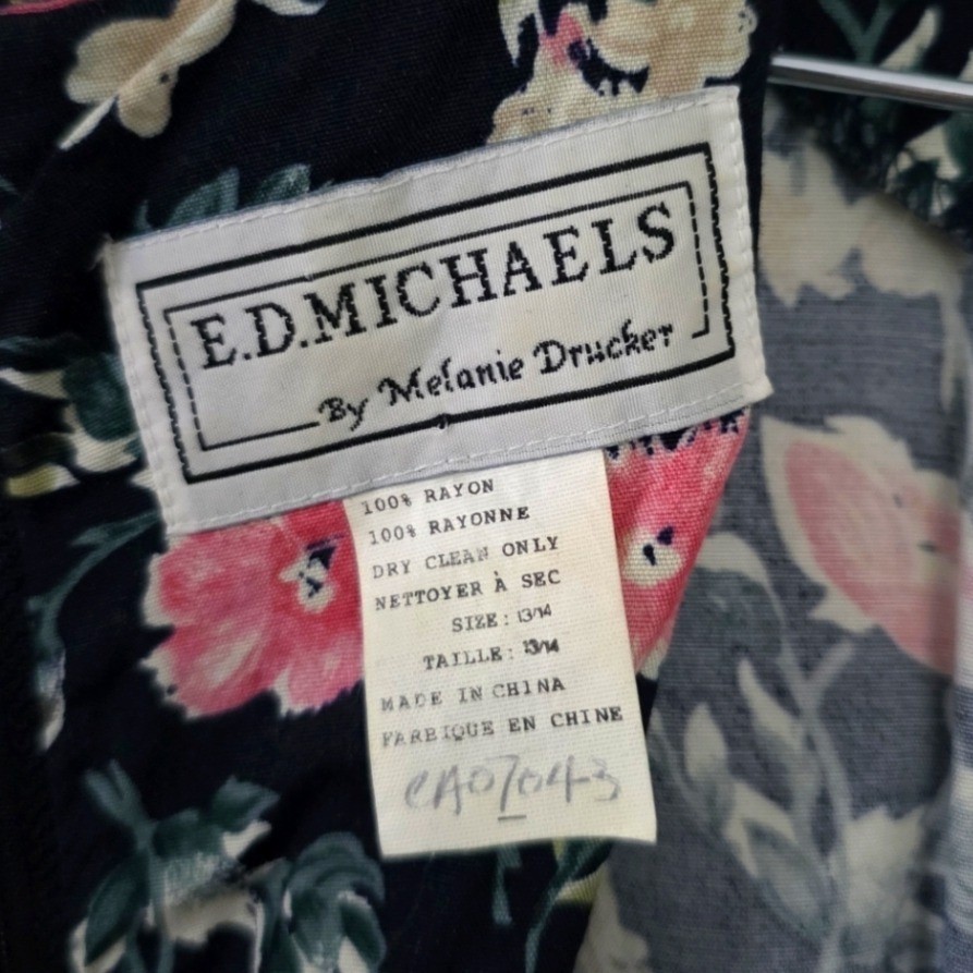 *Flawed* 80s Vintage Cottagecore Navy Pink Floral Rayon Maxi Dress ED Michaels